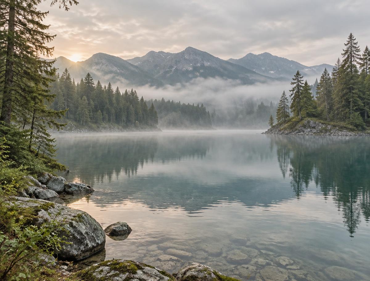 A calm lake in soft morning mist, surrounded by trees and mountains