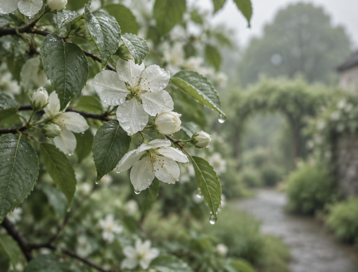 Soft white blossoms with raindrops among natural green leaves