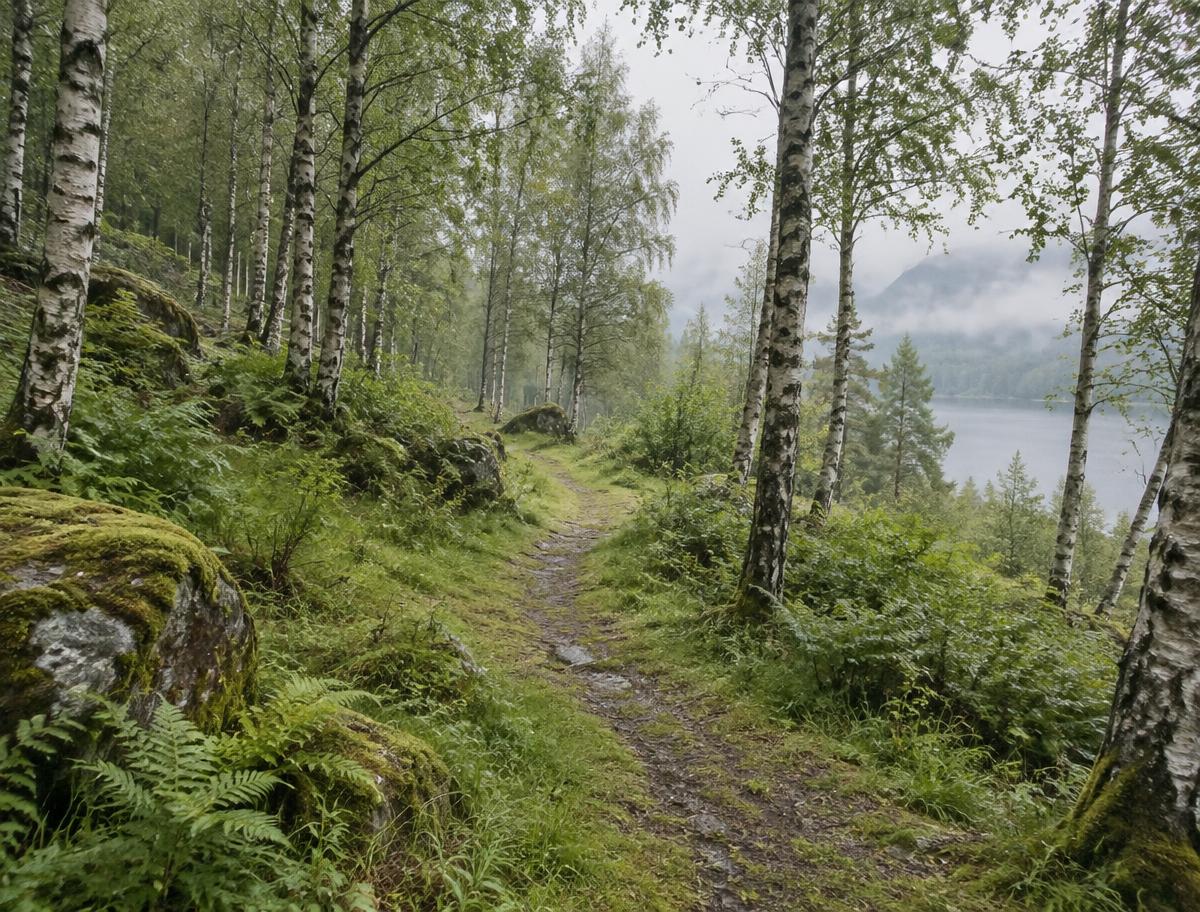 A peaceful pathway through birch woodland toward a misty lake