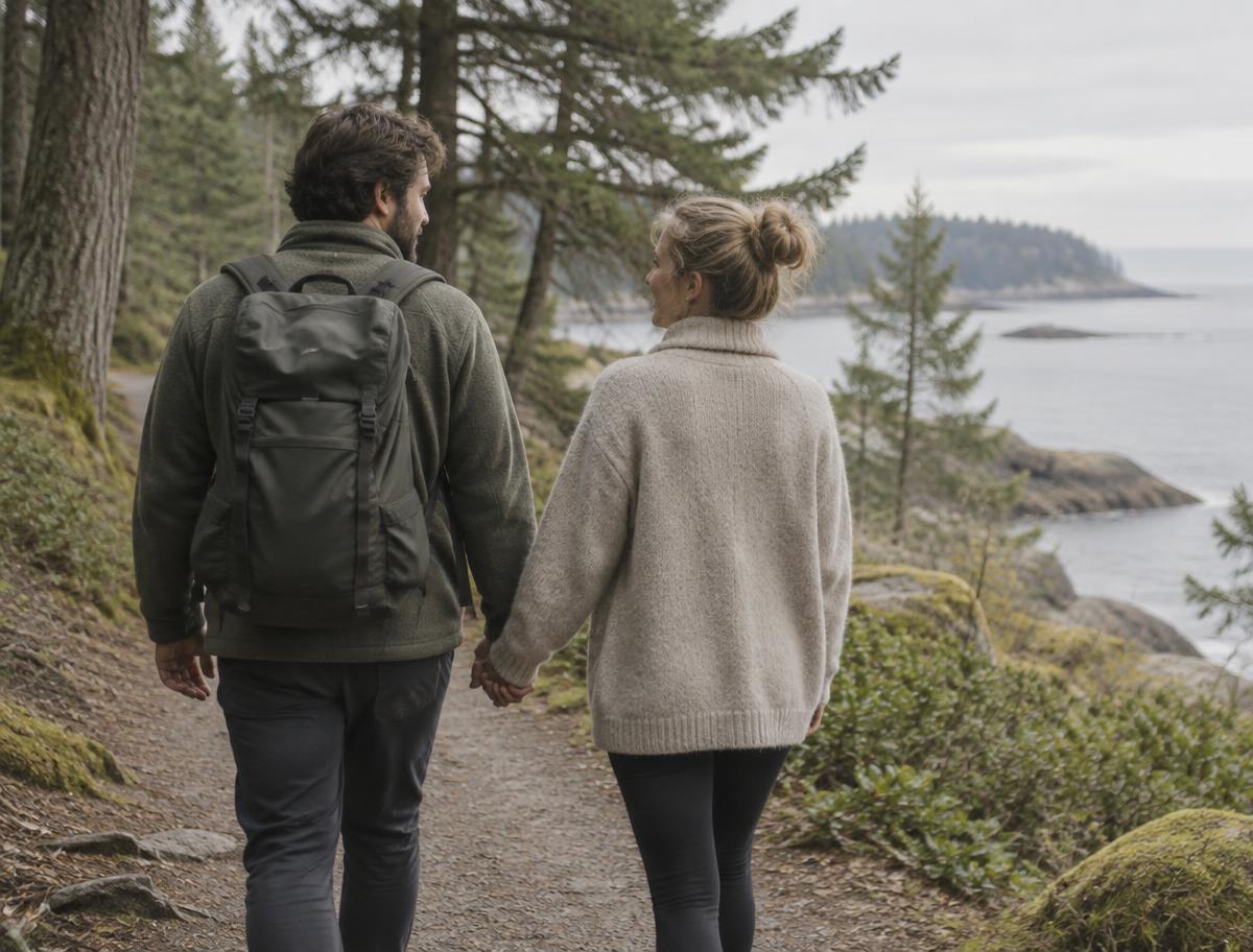 Two adults walking hand in hand along a coastal forest trail