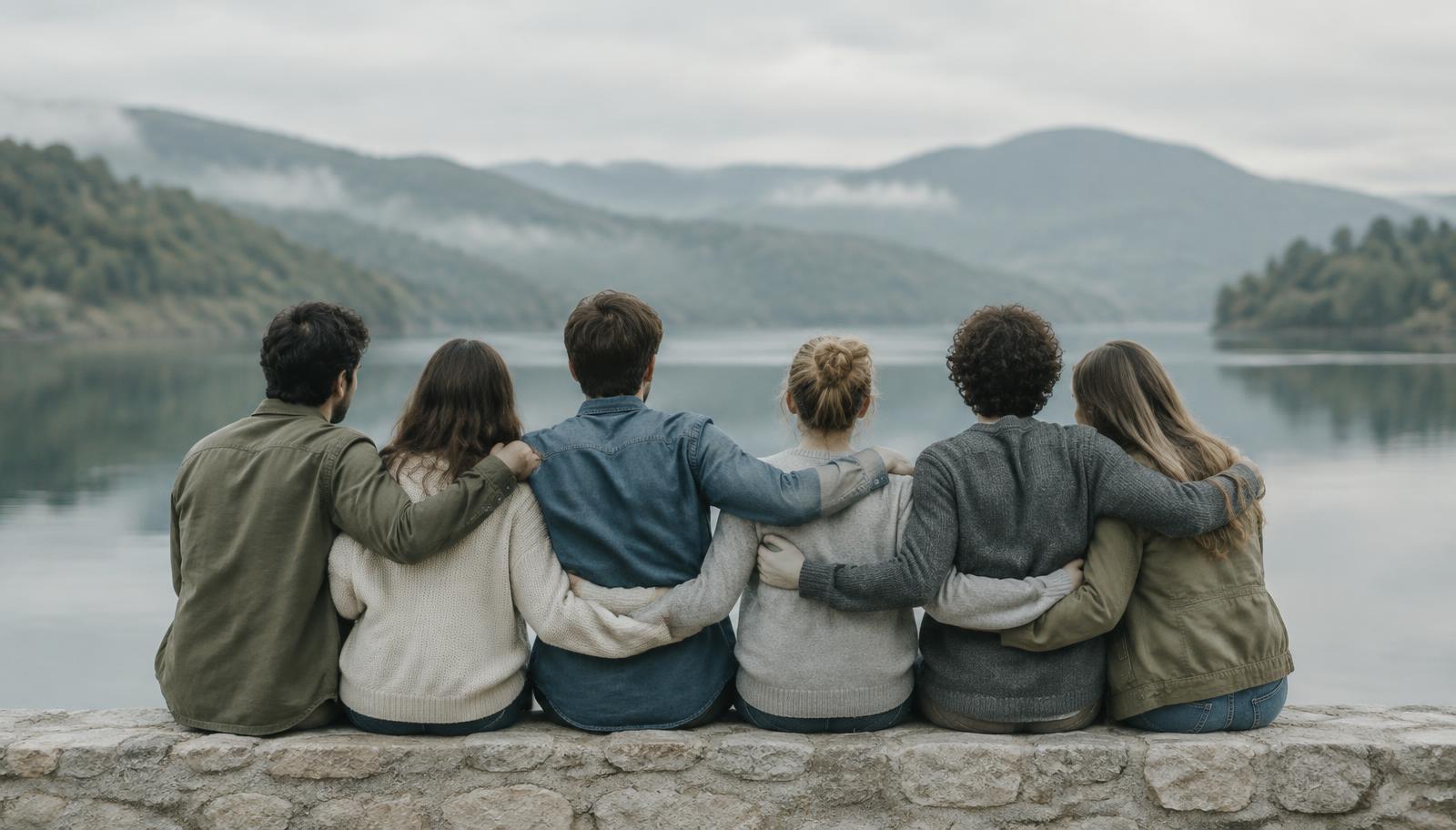 Friends sitting together beside a lake
